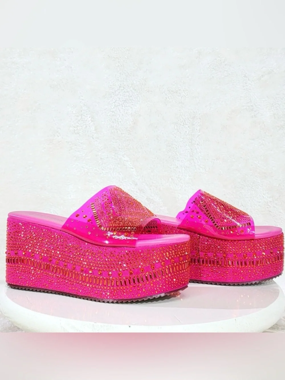 Cape Robbin Hot Pink Jeweled Platform Slide Sandals